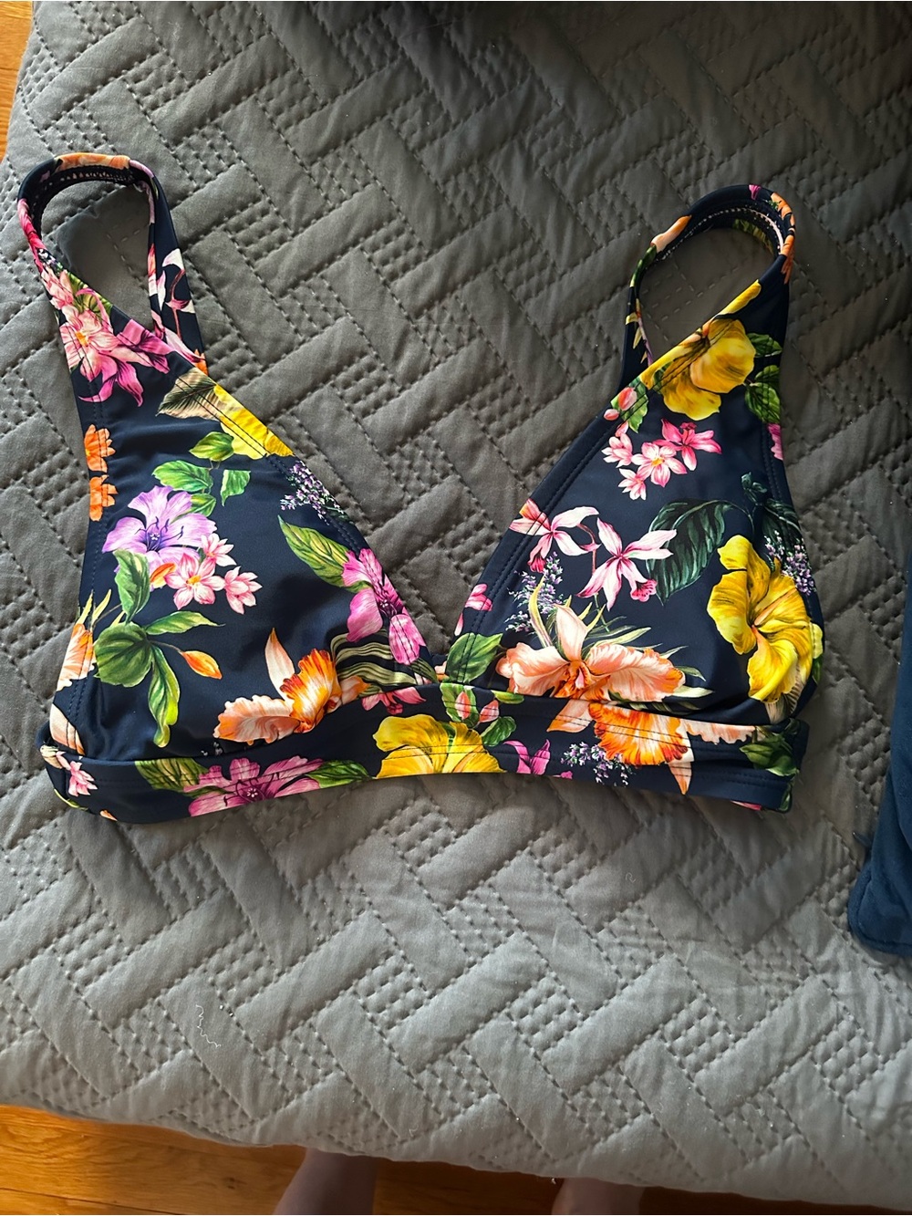 Kona Sol Floral Triangle Bikini Top - Navy with Tropical Print Size S (4-6)